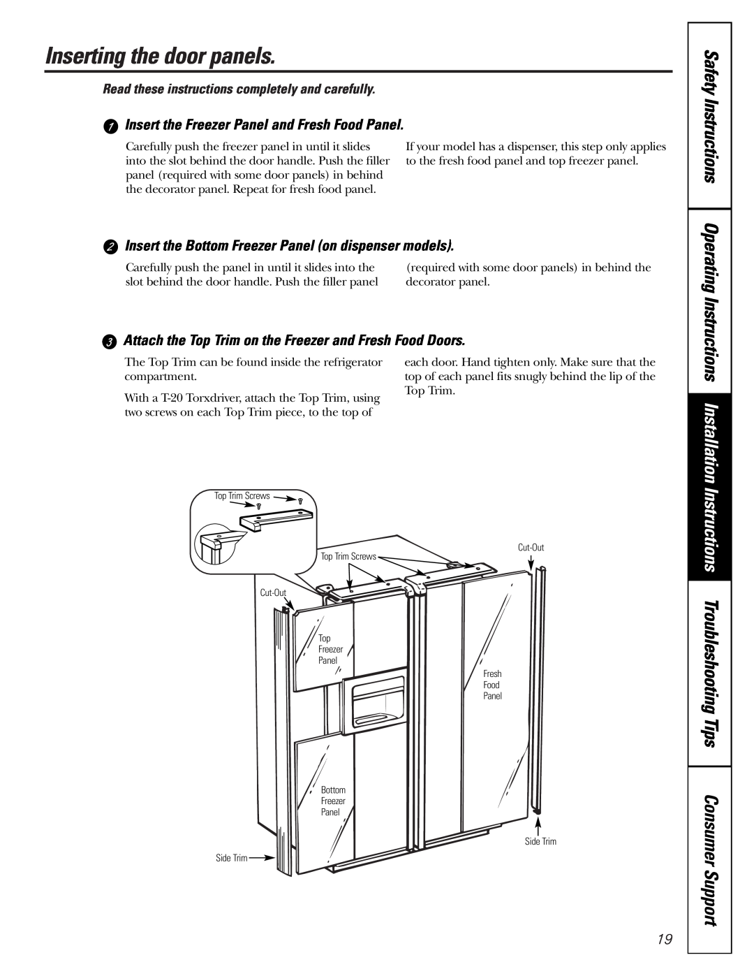 GE 200D2600P015 installation instructions Inserting the door panels, Insert the Freezer Panel and Fresh Food Panel 