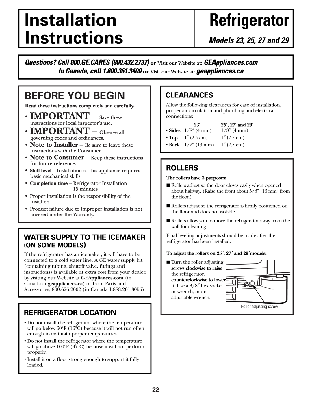 GE 200D2600P015 Installation Instructions, Before You Begin, Models 23, 25, 27 and, Refrigerator Location, Clearances 