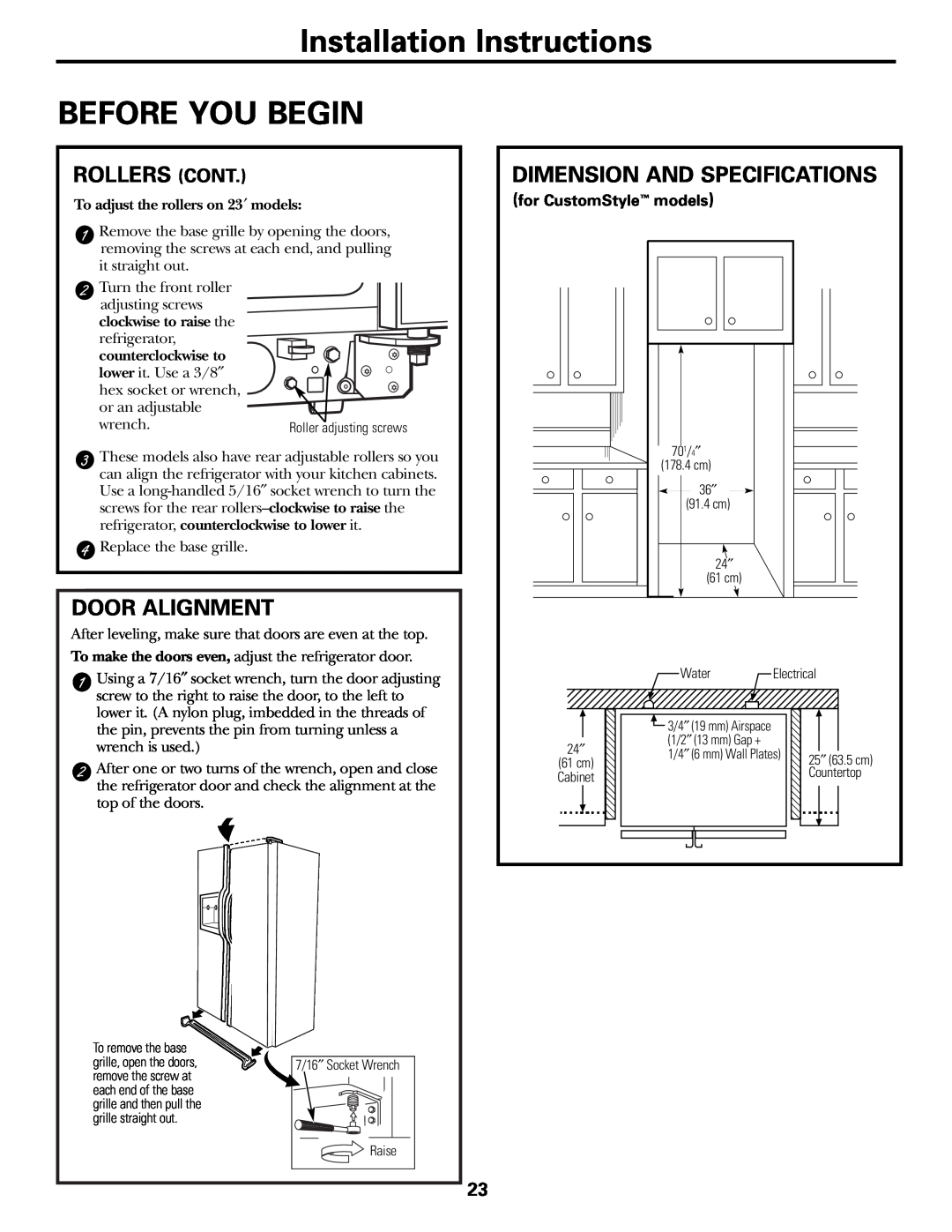 GE 200D2600P015 Installation Instructions BEFORE YOU BEGIN, Rollers Cont, Door Alignment, Dimension And Specifications 