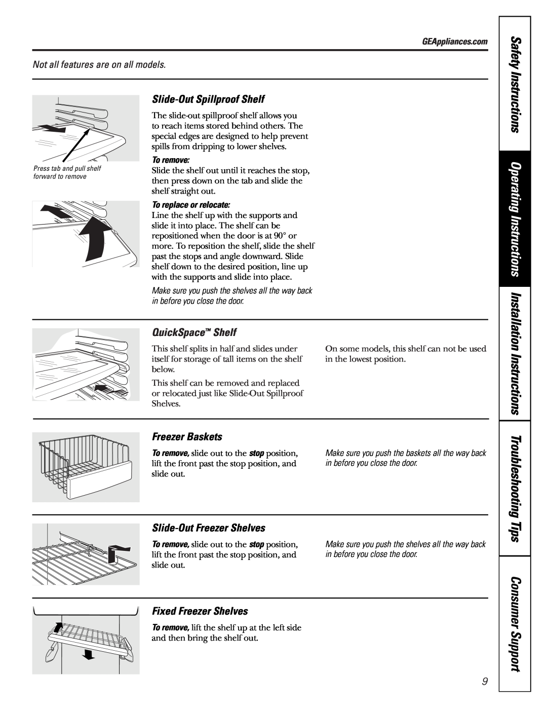 GE 200D2600P015 Instructions Troubleshooting Tips Consumer Support, Slide-Out Spillproof Shelf, QuickSpace Shelf, Safety 