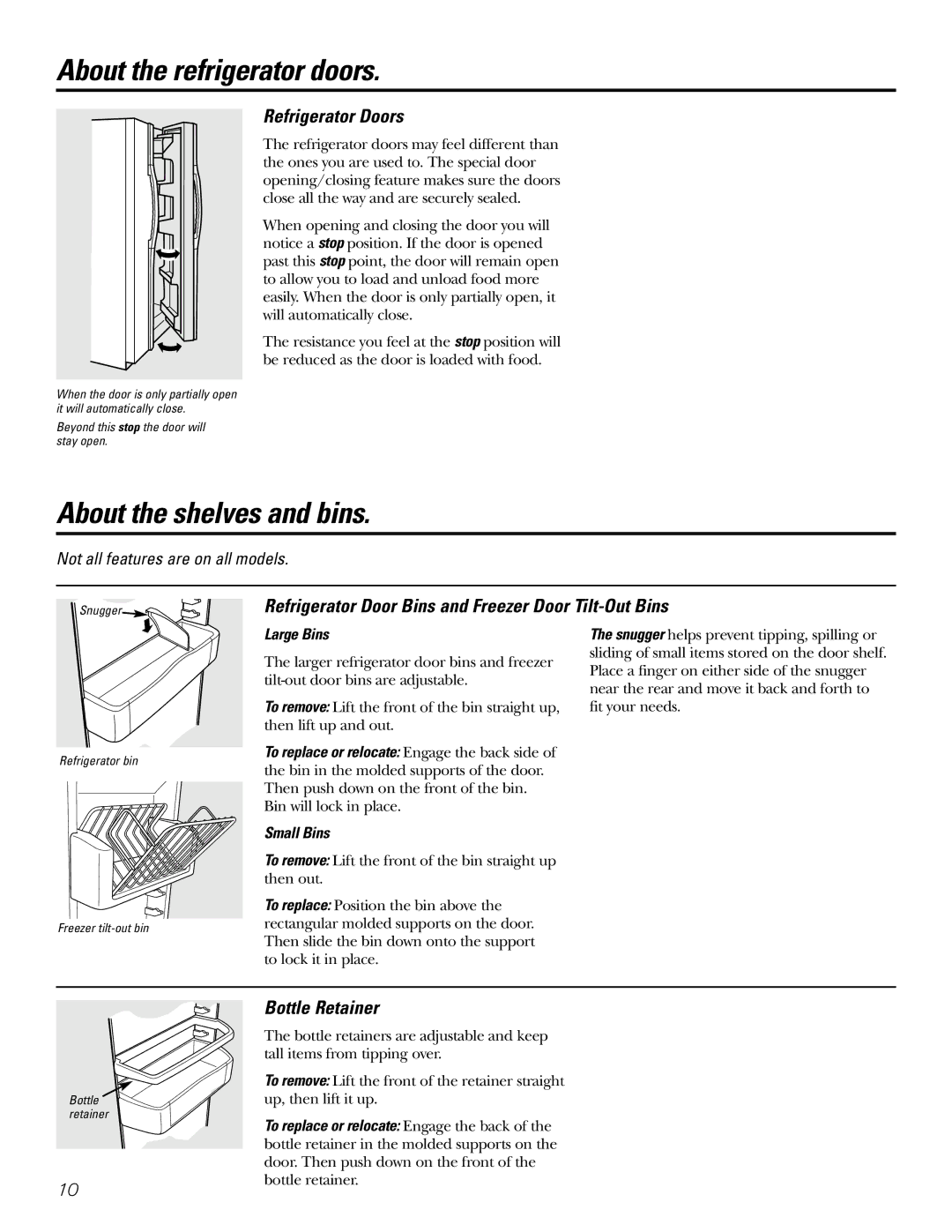 GE 200D2600P031 About the refrigerator doors, About the shelves and bins, Refrigerator Doors, Bottle Retainer 