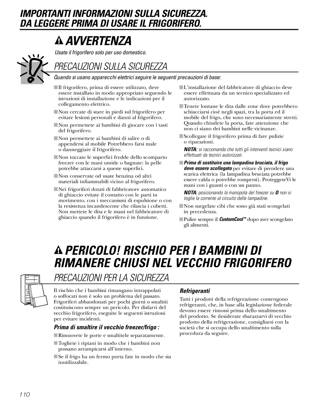 GE 200D2600P031 operating instructions Prima di smaltire il vecchio freezer/frigo, Refrigeranti 