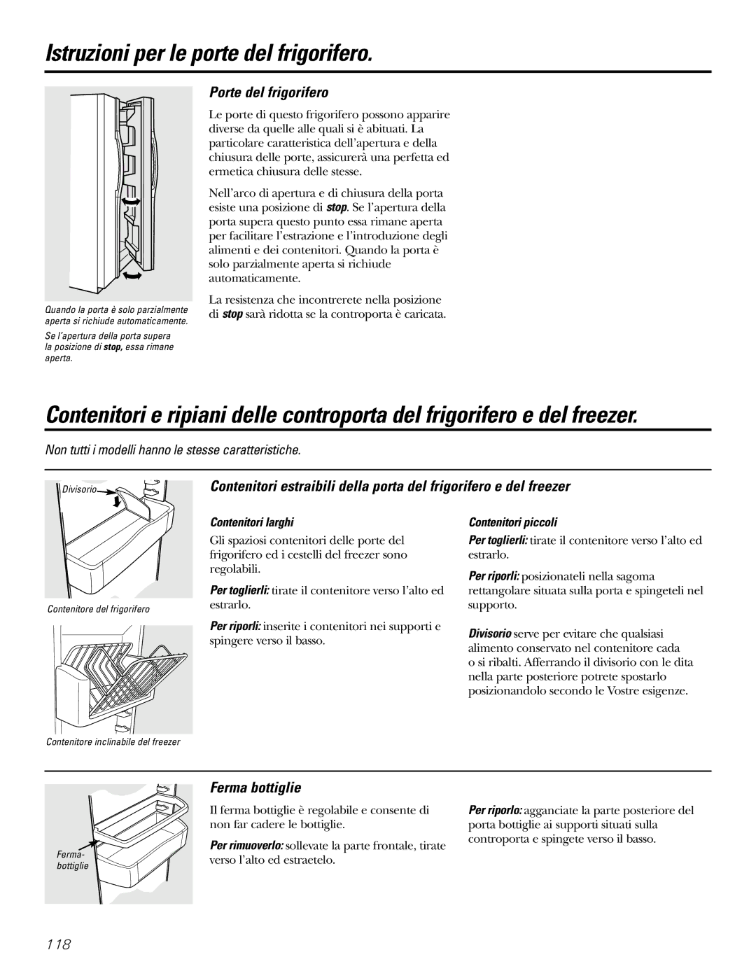 GE 200D2600P031 Istruzioni per le porte del frigorifero, Porte del frigorifero, Ferma bottiglie, Contenitori larghi 