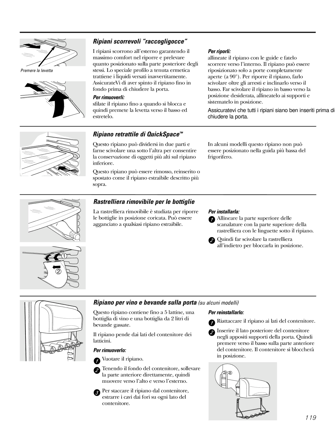 GE 200D2600P031 operating instructions Ripiani scorrevoli raccogligocce, Ripiano retrattile di QuickSpace 