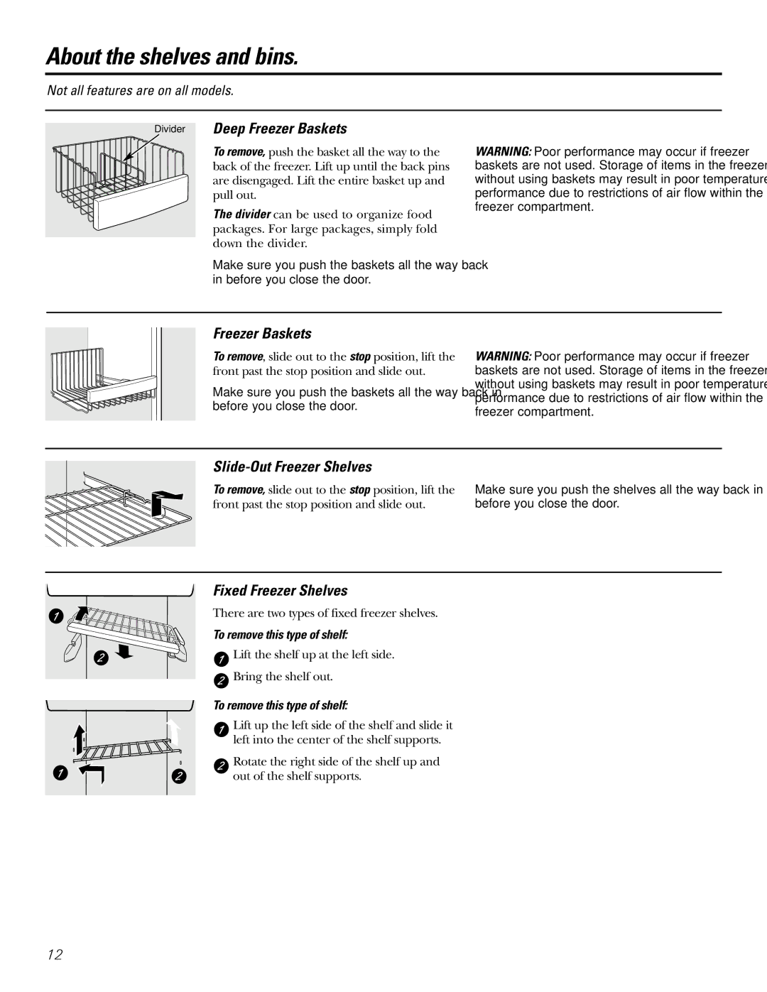 GE 200D2600P031 operating instructions Divider Deep Freezer Baskets, Slide-Out Freezer Shelves, Fixed Freezer Shelves 