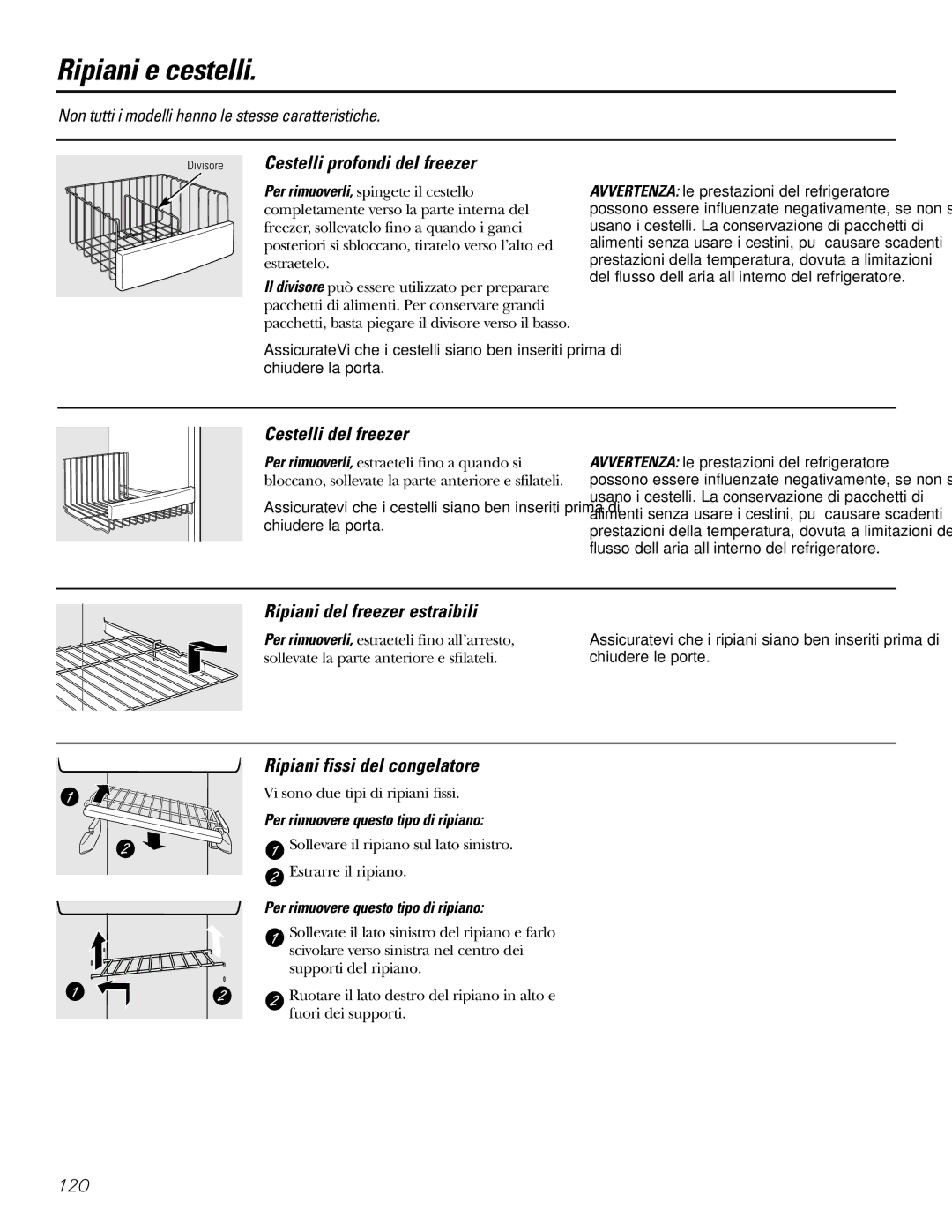 GE 200D2600P031 operating instructions Ripiani e cestelli, Divisore Cestelli profondi del freezer, Cestelli del freezer 