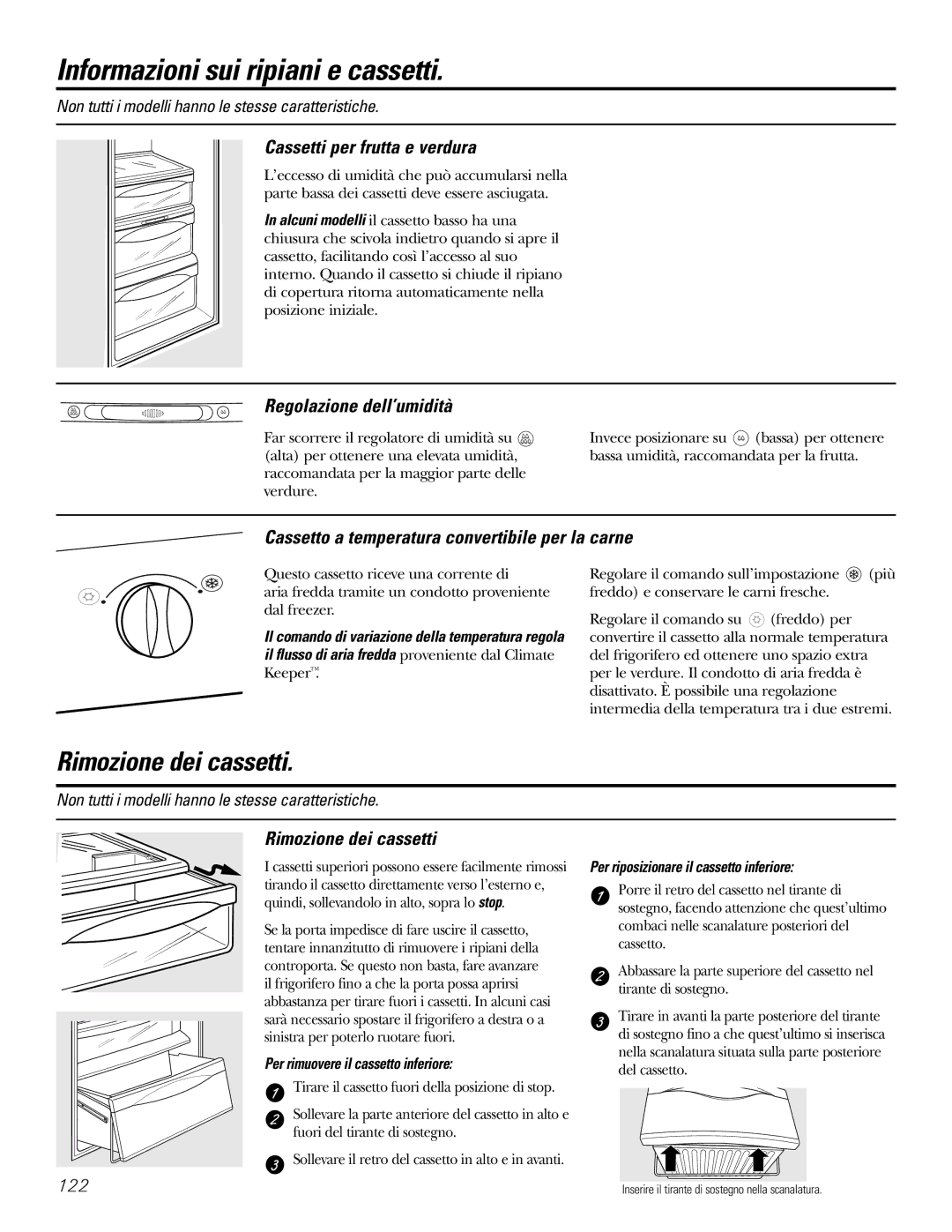 GE 200D2600P031 Informazioni sui ripiani e cassetti, Cassetti per frutta e verdura, Regolazione dell’umidità 