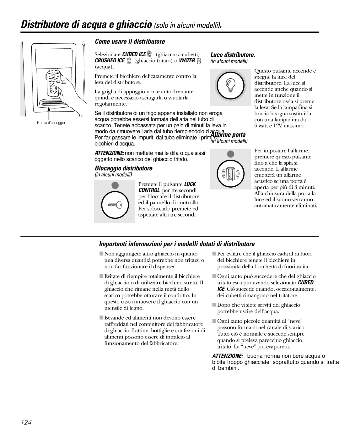 GE 200D2600P031 Distributore di acqua e ghiaccio solo in alcuni modelli, Come usare il distributore, Luce distributore 