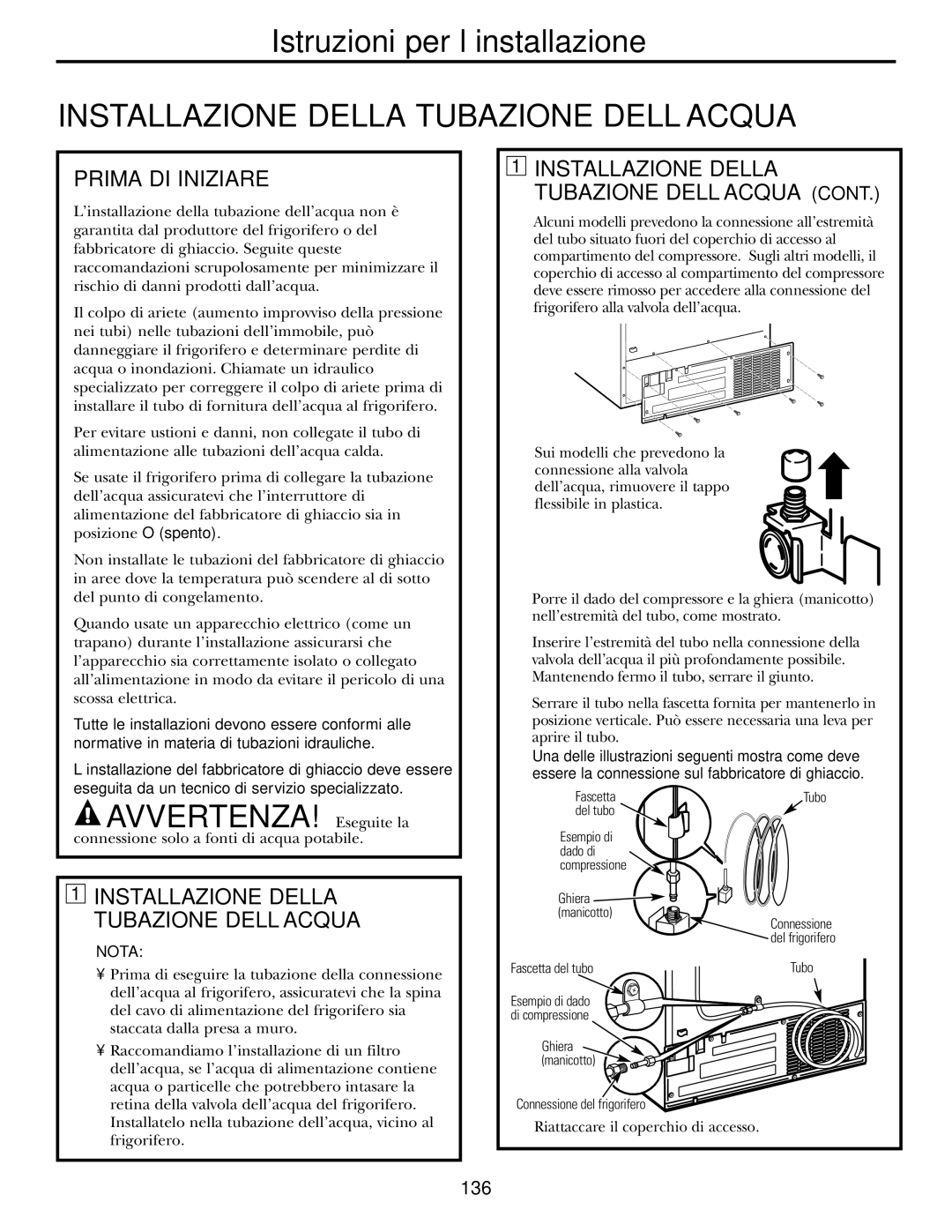 GE 200D2600P031 Installazione Della Tubazione DELL’ACQUA, Prima DI Iniziare, Connessione solo a fonti di acqua potabile 