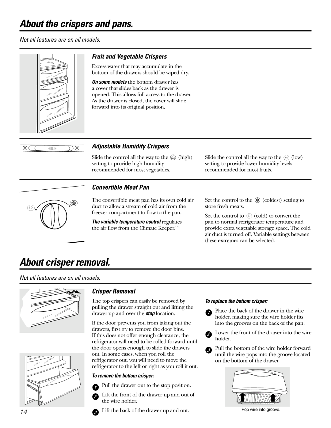 GE 200D2600P031 operating instructions About the crispers and pans, About crisper removal 