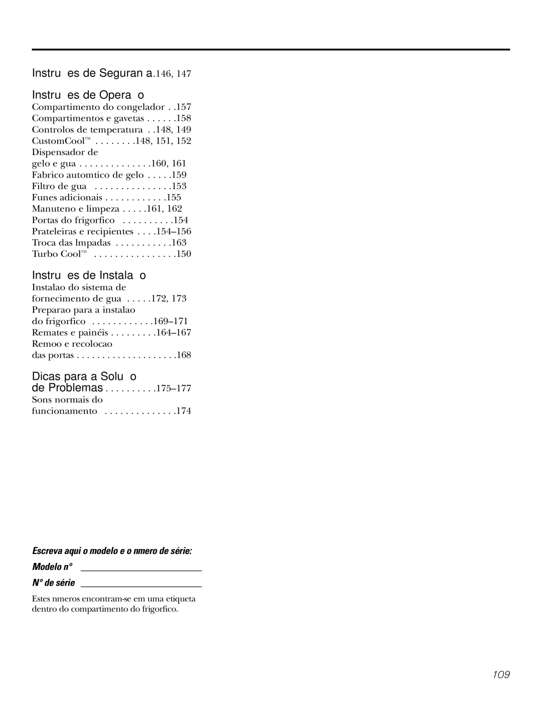 GE 200D2600P031 operating instructions Instruções de Segurança . .146 Instruções de Operação, De série 