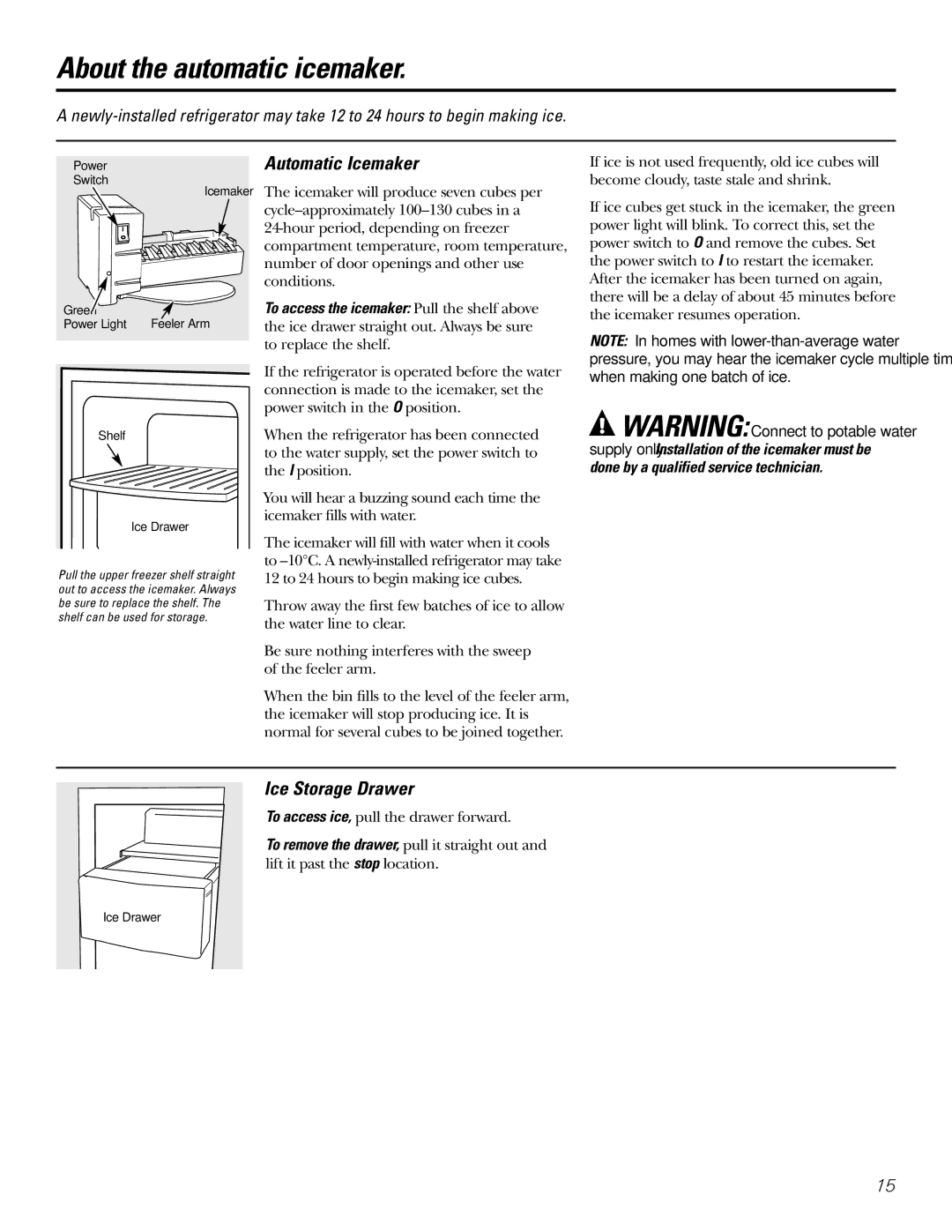 GE 200D2600P031 operating instructions About the automatic icemaker, Automatic Icemaker, Ice Storage Drawer 