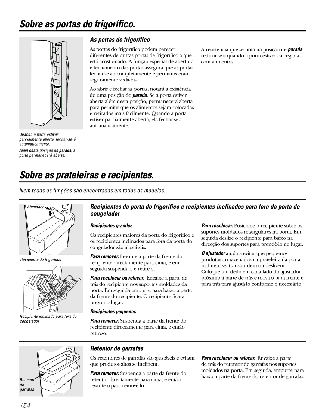 GE 200D2600P031 Sobre as portas do frigorífico, Sobre as prateleiras e recipientes, As portas do frigorífico 