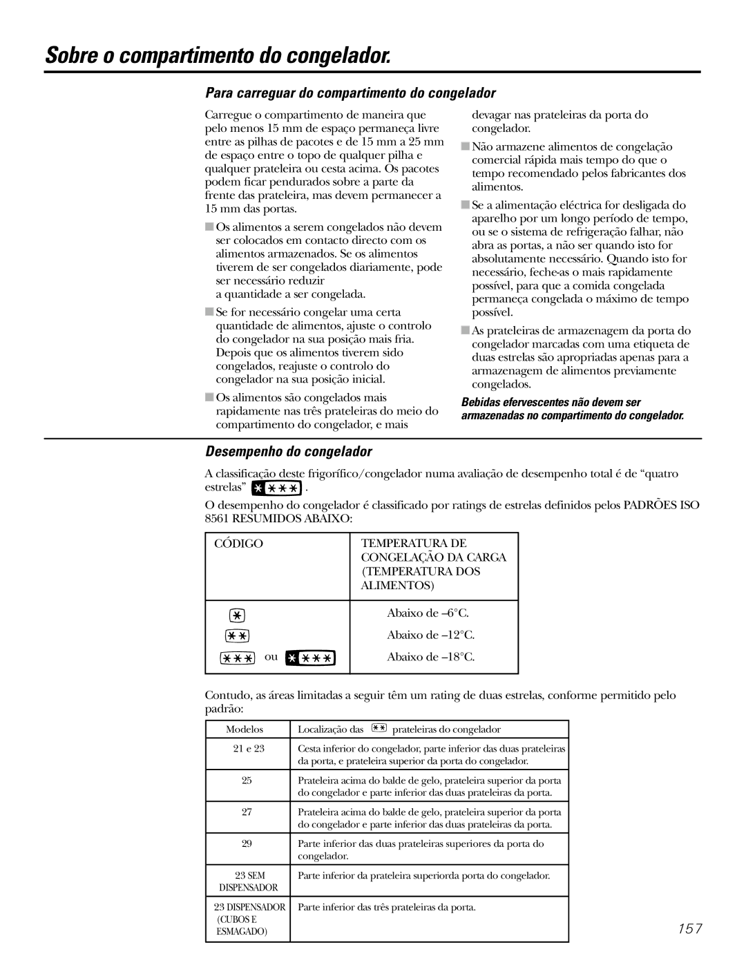 GE 200D2600P031 operating instructions Sobre o compartimento do congelador, Para carreguar do compartimento do congelador 