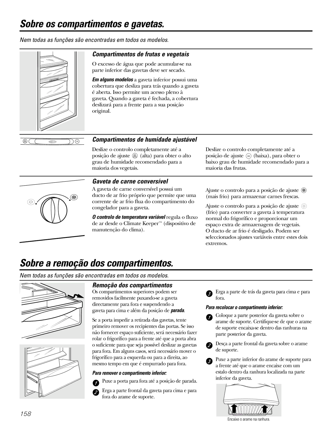 GE 200D2600P031 operating instructions Sobre os compartimentos e gavetas, Sobre a remoção dos compartimentos 