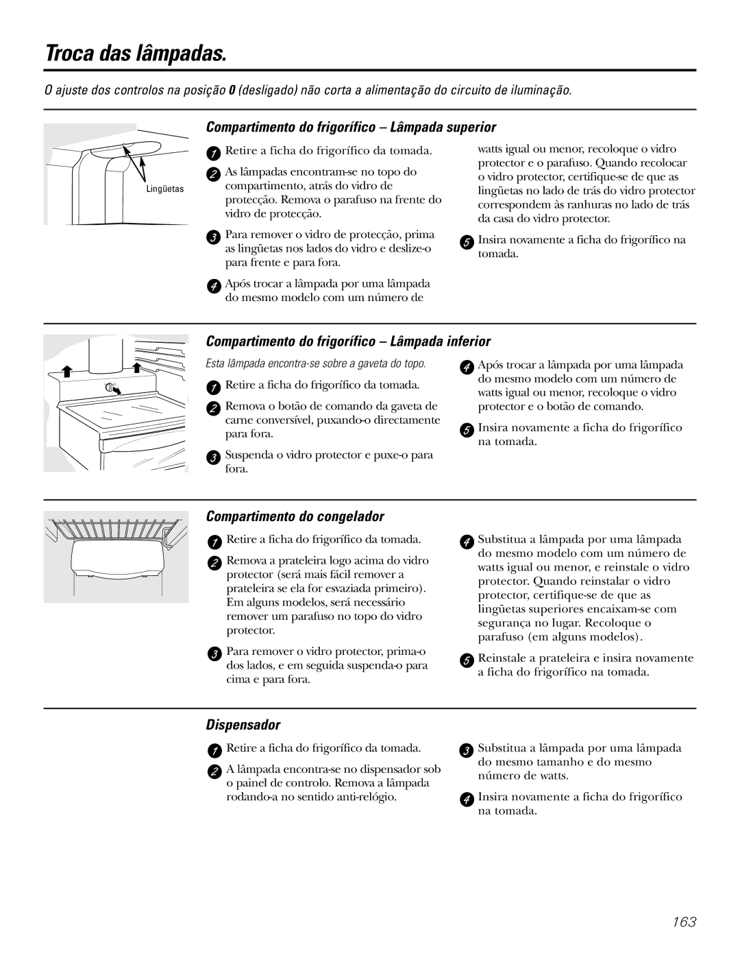 GE 200D2600P031 Troca das lâmpadas, Compartimento do frigorífico Lâmpada superior, Compartimento do congelador 