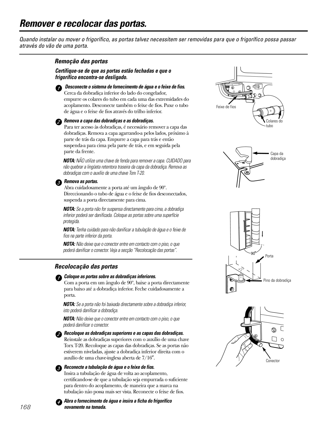 GE 200D2600P031 operating instructions Remover e recolocar das portas, Remoção das portas, Recolocação das portas, 168 