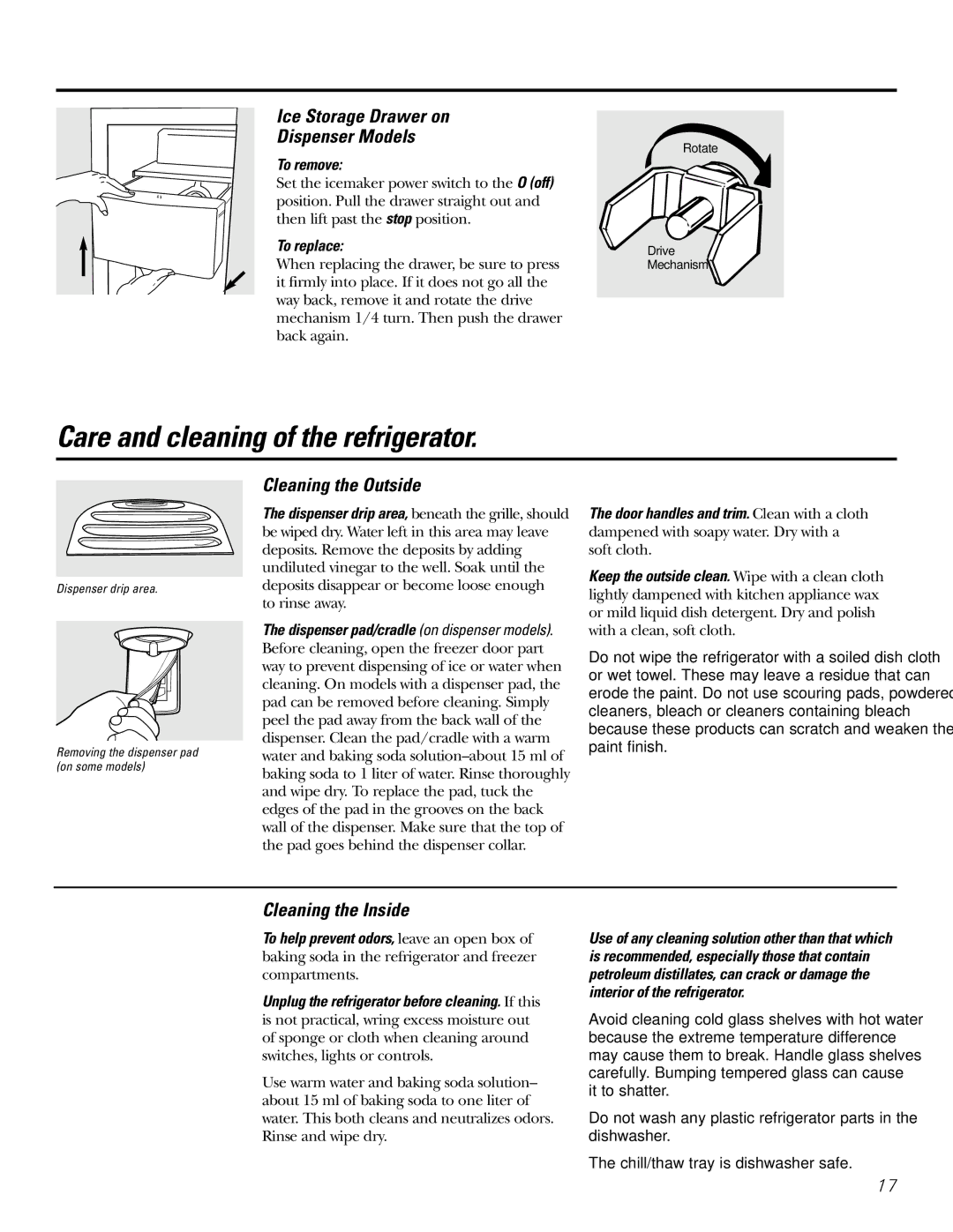 GE 200D2600P031 Care and cleaning of the refrigerator, Ice Storage Drawer on Dispenser Models, Cleaning the Outside 