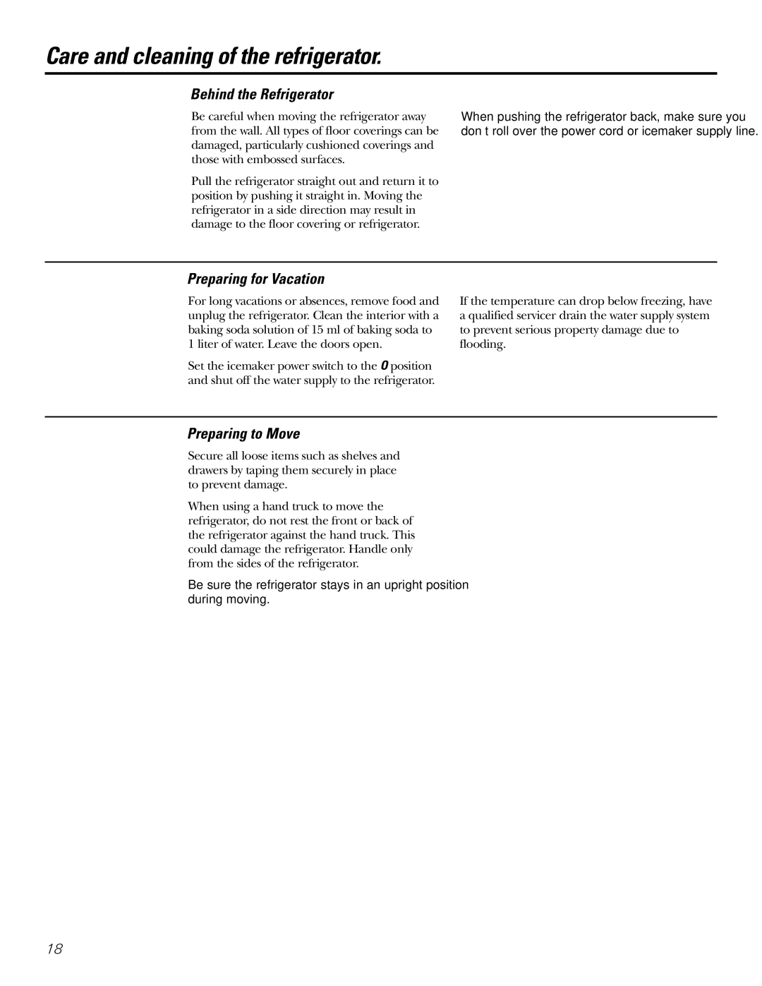 GE 200D2600P031 operating instructions Behind the Refrigerator, Preparing for Vacation, Preparing to Move 