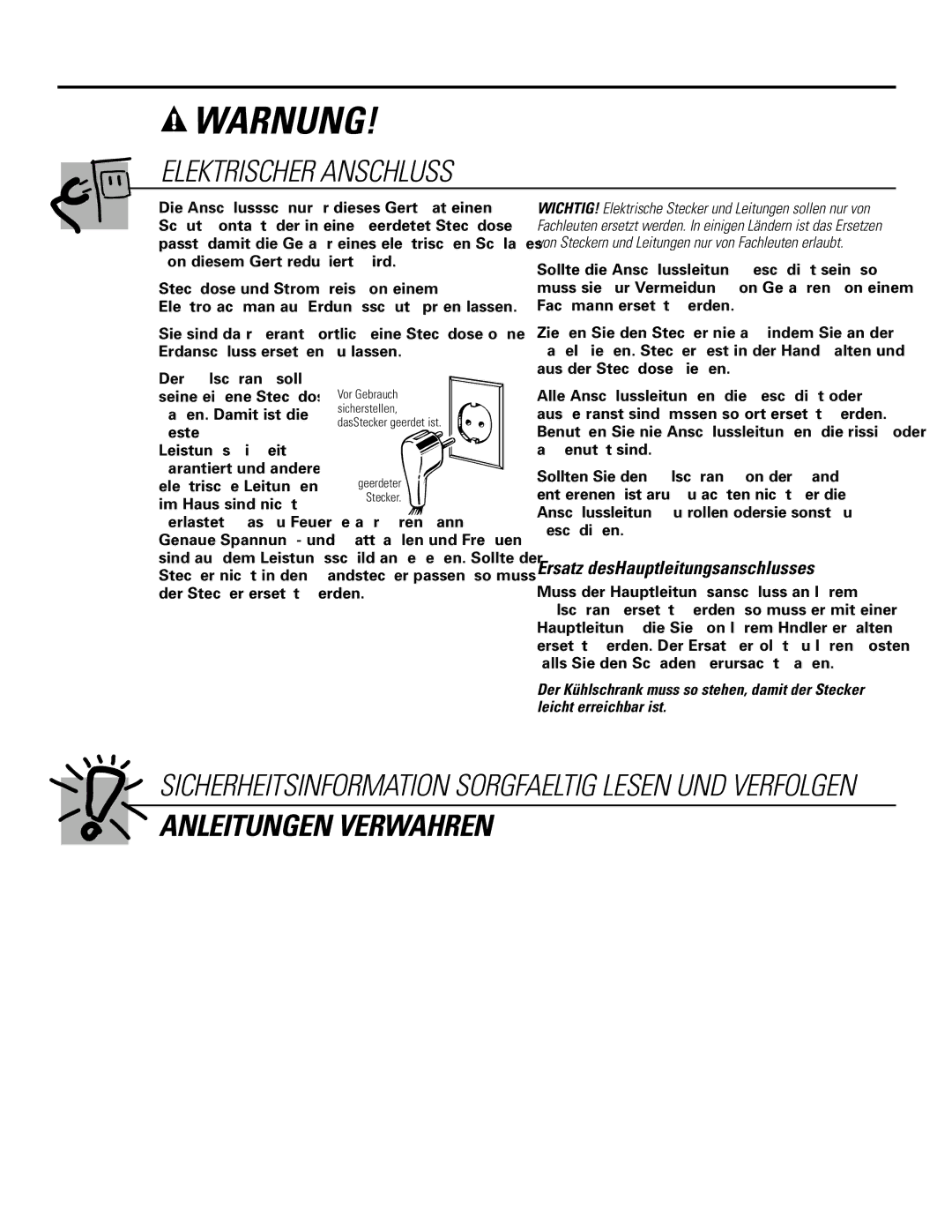 GE 200D2600P031 operating instructions Elektrischer Anschluss, Ersatz desHauptleitungsanschlusses 