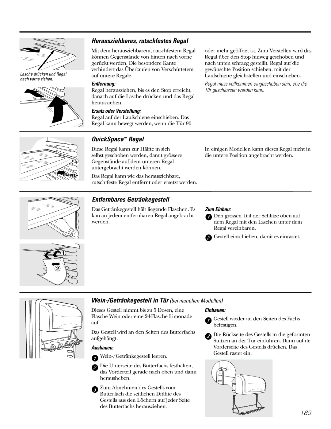 GE 200D2600P031 operating instructions Herausziehbares, rutschfestes Regal, QuickSpace Regal, Entfernbares Getränkegestell 