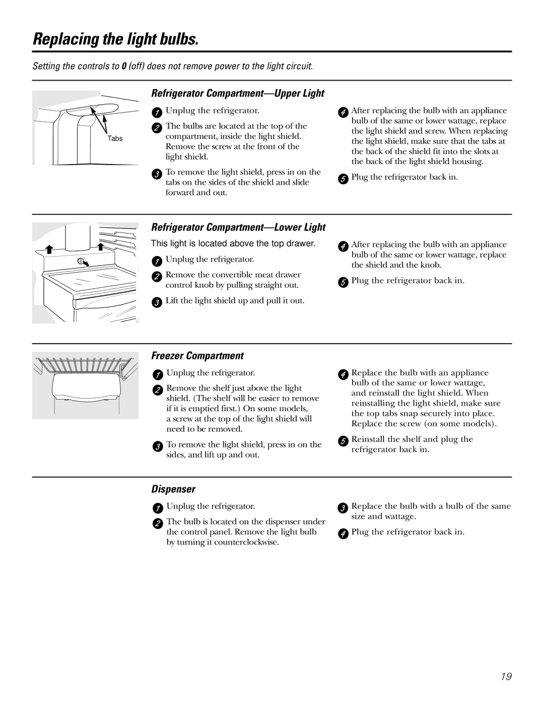 GE 200D2600P031 Replacing the light bulbs, Refrigerator Compartment-Upper Light, Freezer Compartment, Dispenser 