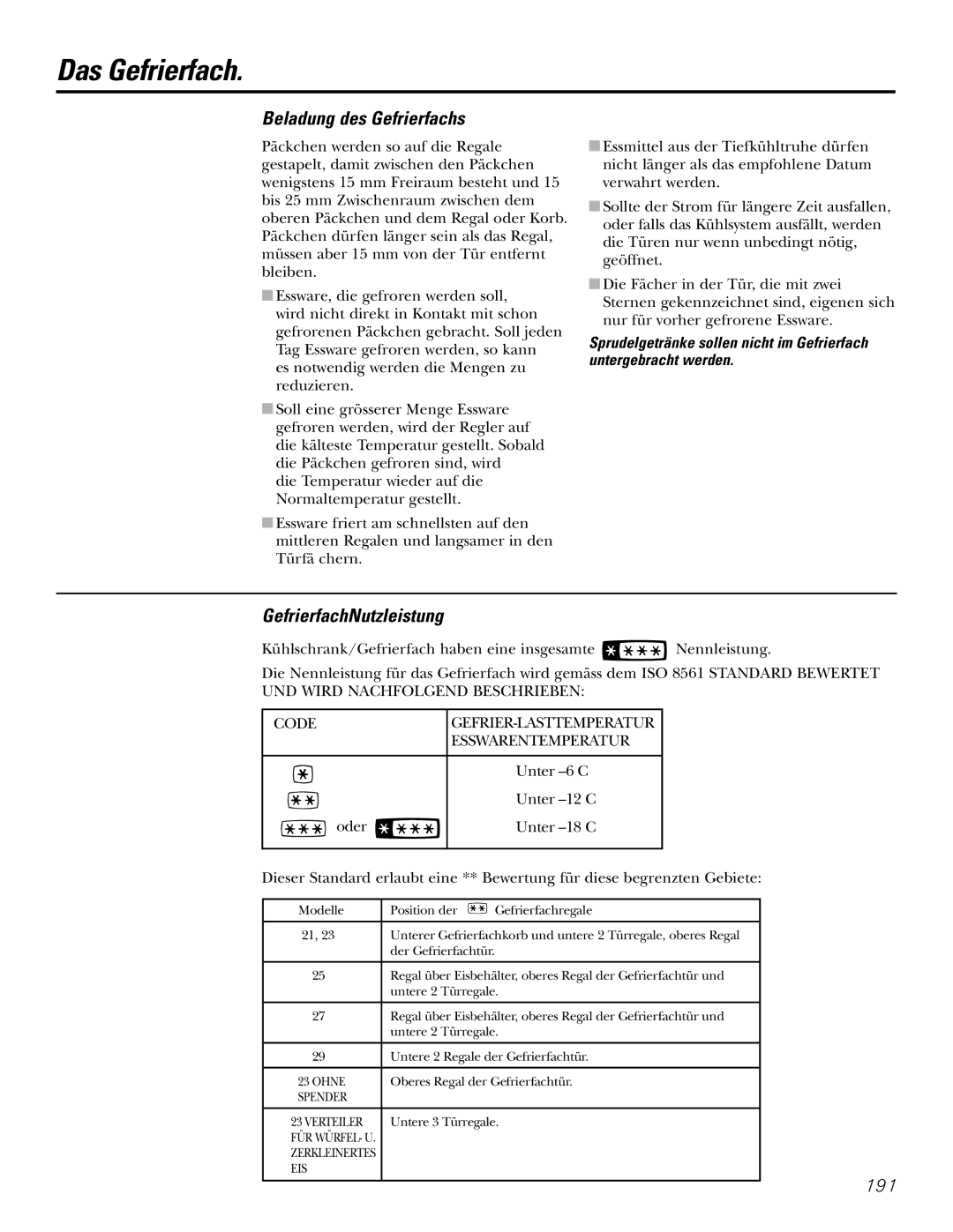 GE 200D2600P031 operating instructions Das Gefrierfach, Beladung des Gefrierfachs, GefrierfachNutzleistung 