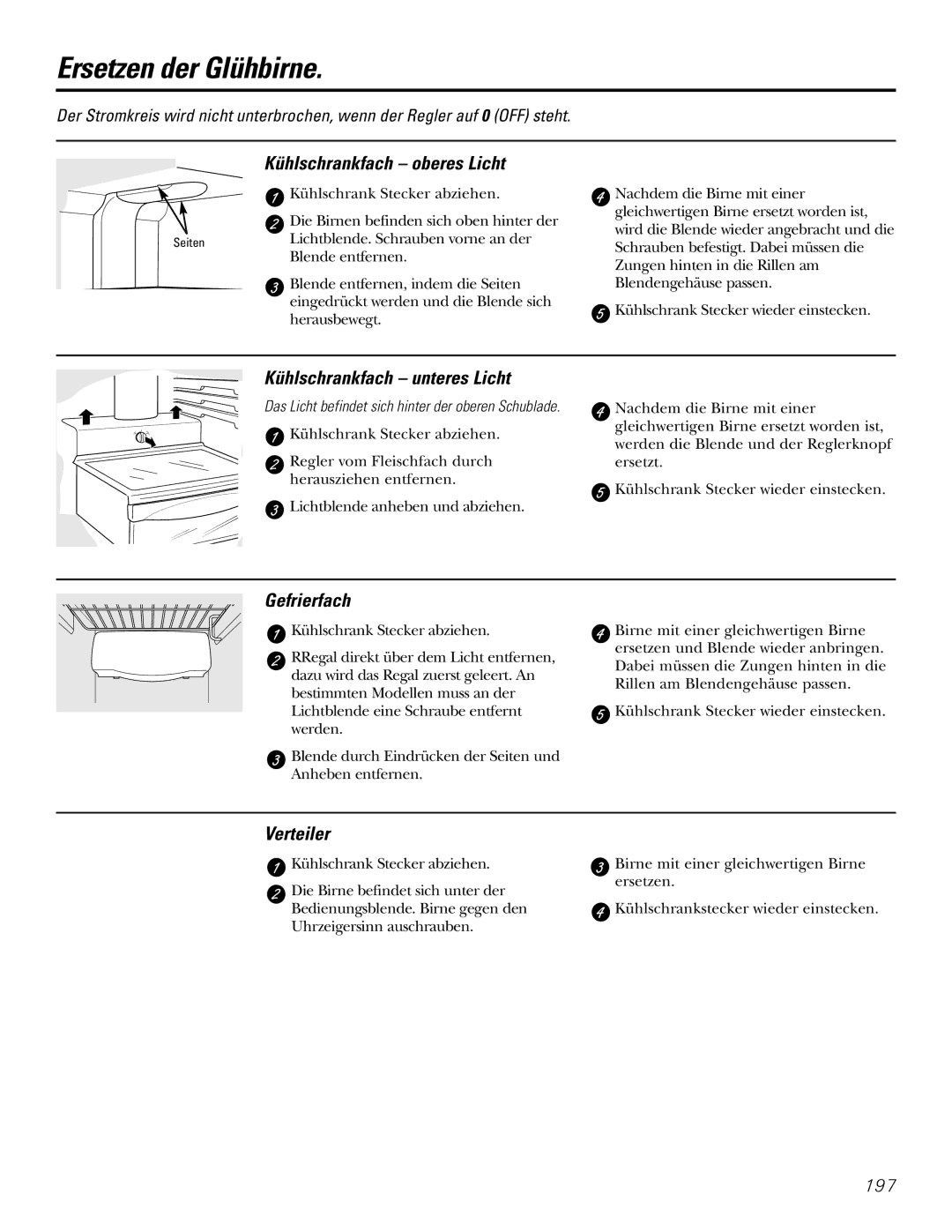 GE 200D2600P031 Ersetzen der Glühbirne, Kühlschrankfach oberes Licht, Kühlschrankfach unteres Licht, Gefrierfach 