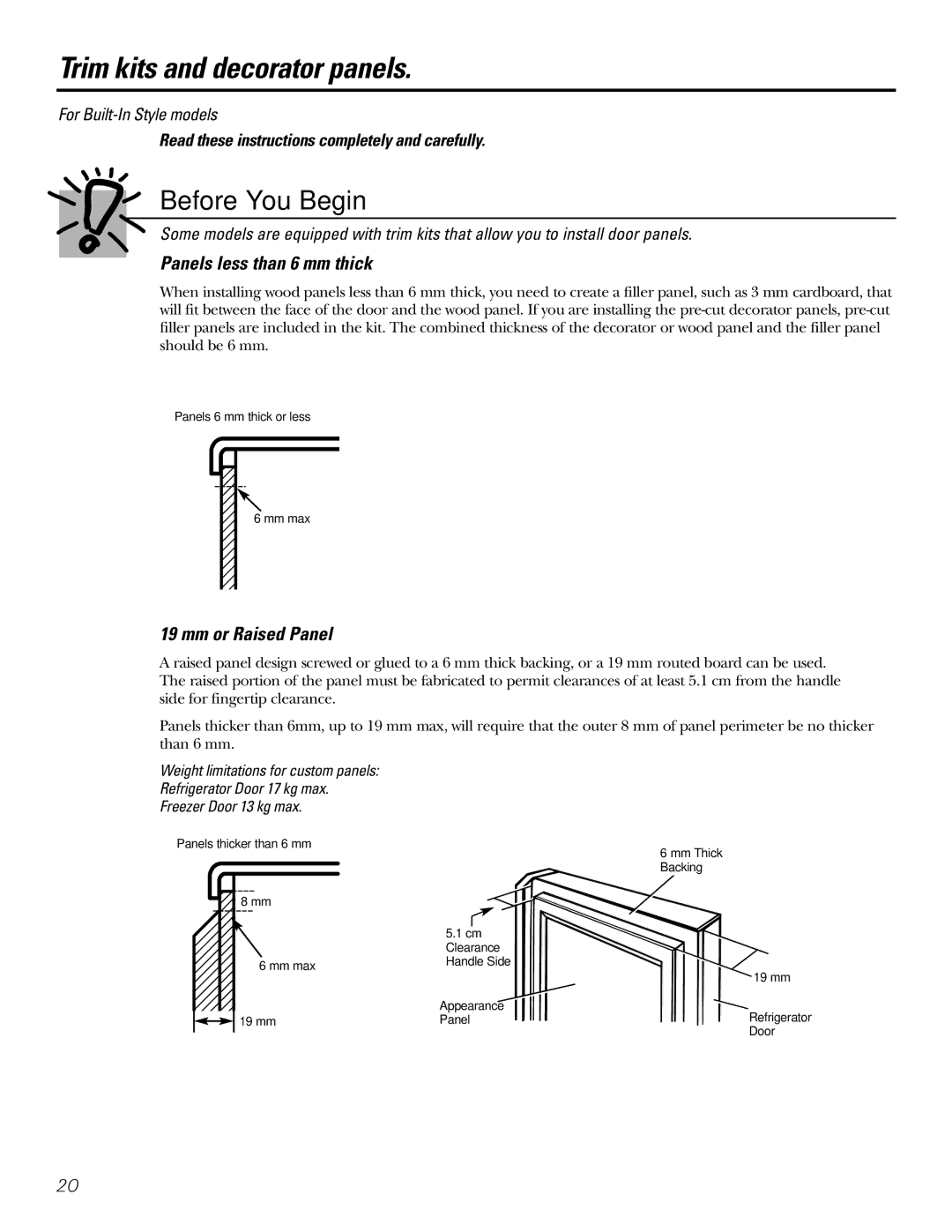 GE 200D2600P031 operating instructions Trim kits and decorator panels, Panels less than 6 mm thick, Mm or Raised Panel 