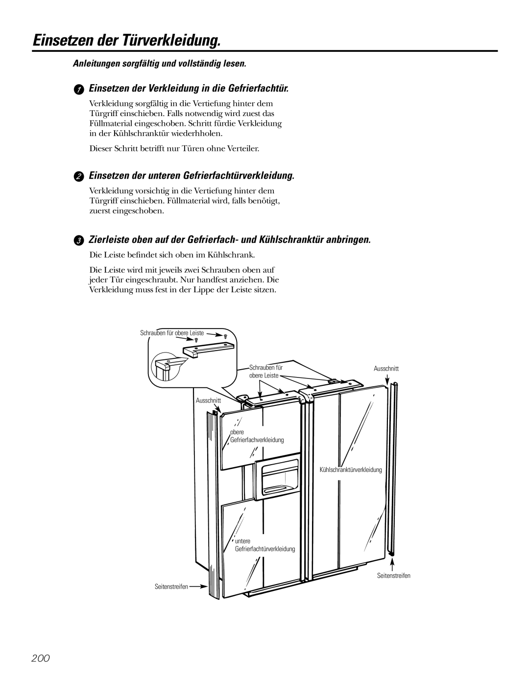 GE 200D2600P031 operating instructions Einsetzen der Türverkleidung, Einsetzen der Verkleidung in die Gefrierfachtür 