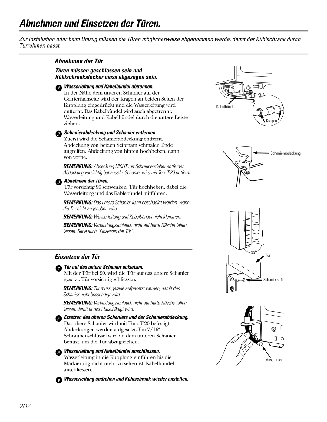 GE 200D2600P031 operating instructions Abnehmen und Einsetzen der Türen, Abnehmen der Tür 