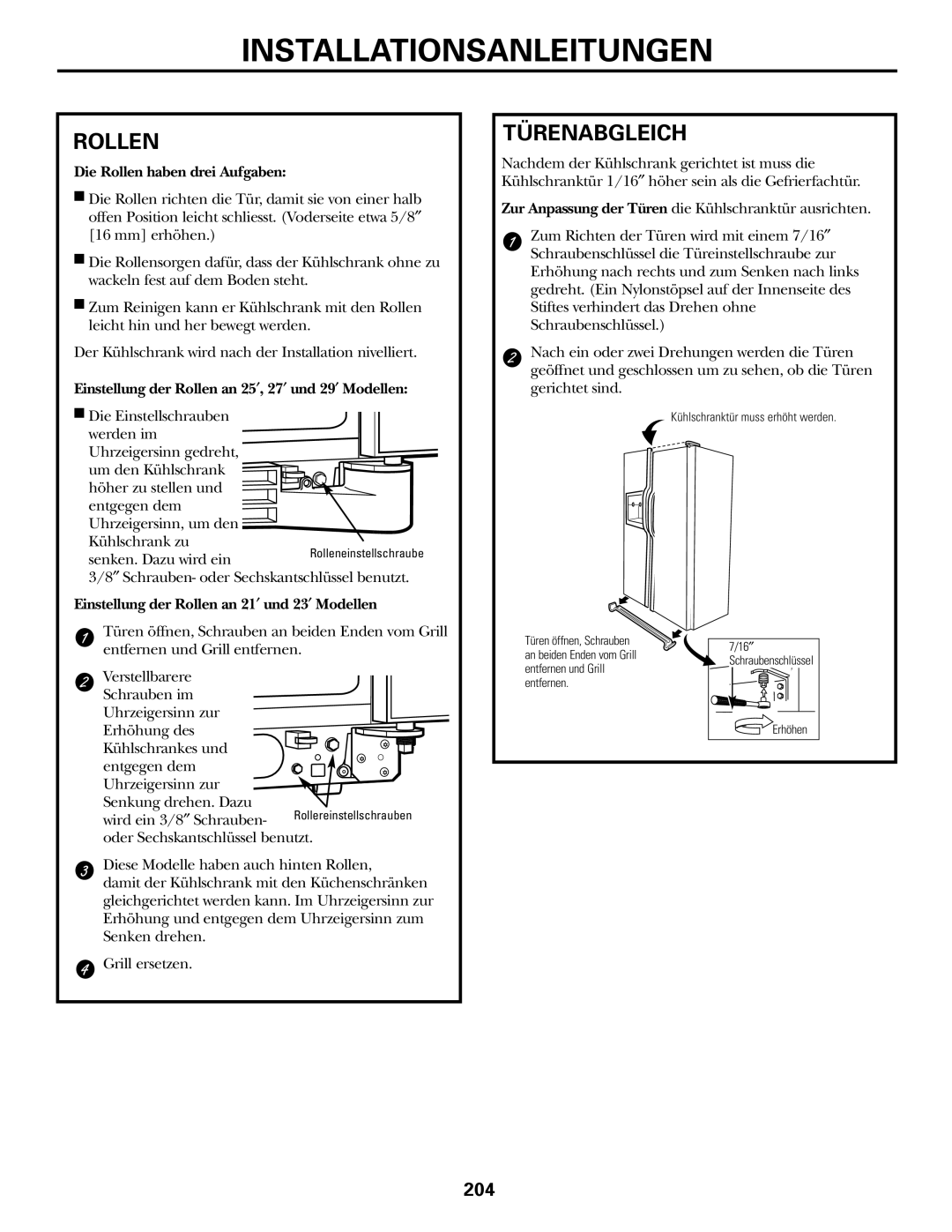 GE 200D2600P031 operating instructions Installationsanleitungen, Rollen, Türenabgleich 