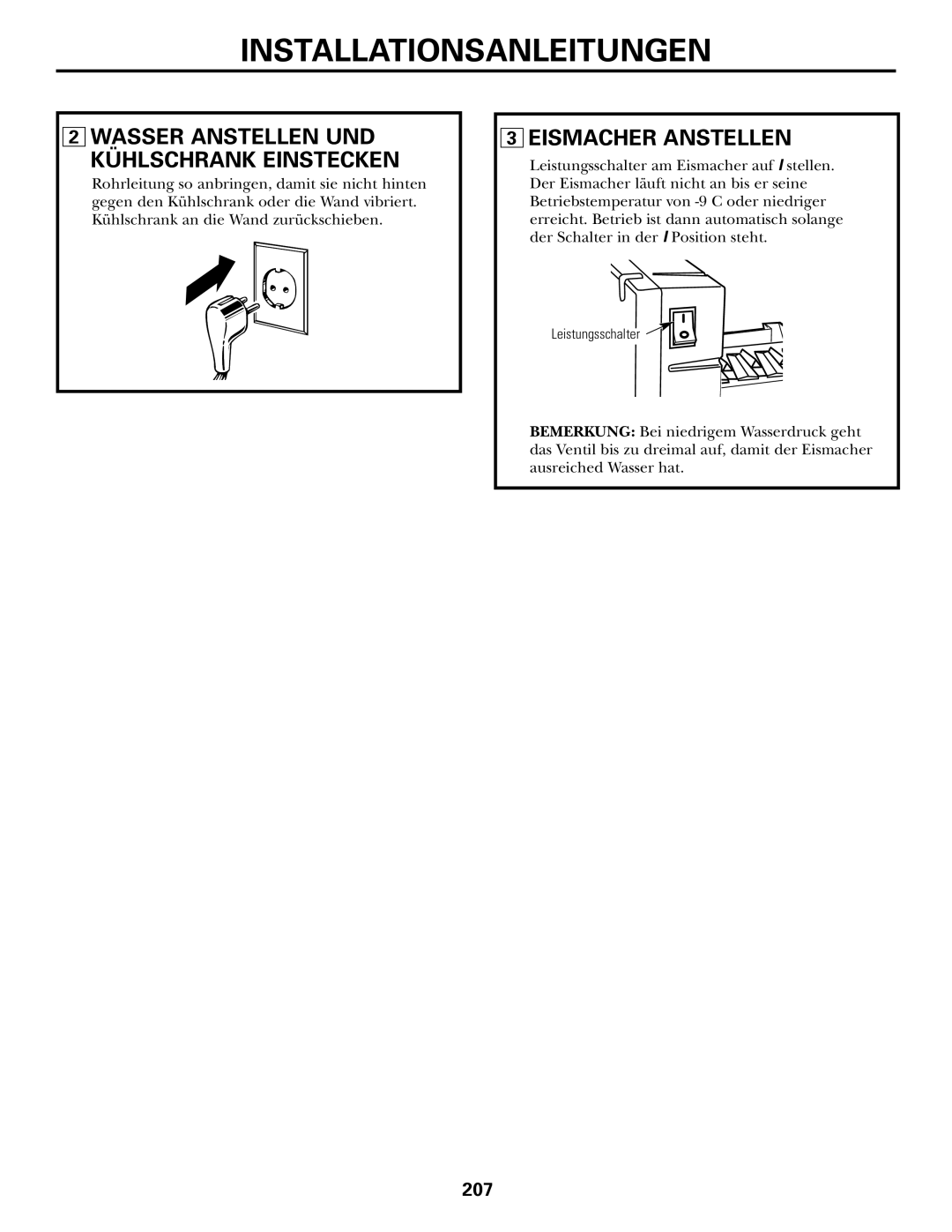 GE 200D2600P031 operating instructions Eismacher Anstellen, Wasser Anstellen UND Kühlschrank Einstecken 