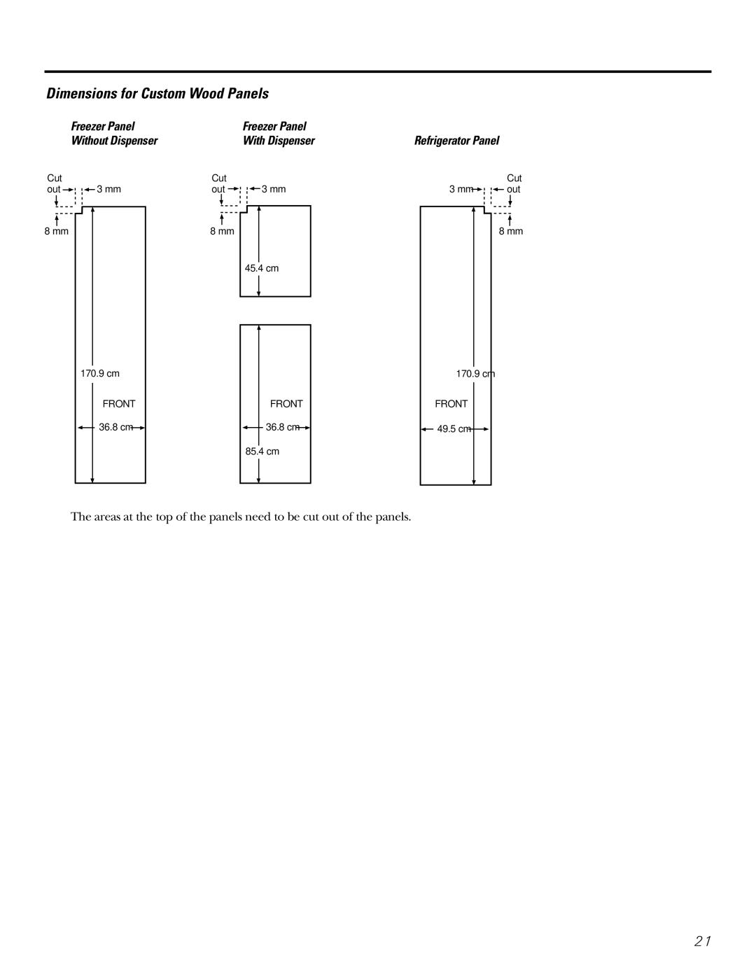 GE 200D2600P031 operating instructions Dimensions for Custom Wood Panels, Freezer Panel Without Dispenser With Dispenser 