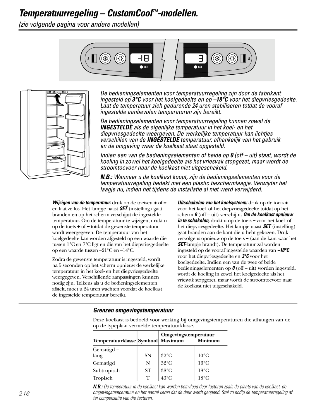 GE 200D2600P031 Temperatuurregeling CustomCool-modellen, Grenzen omgevingstemperatuur, Omgevingstemperatuur 