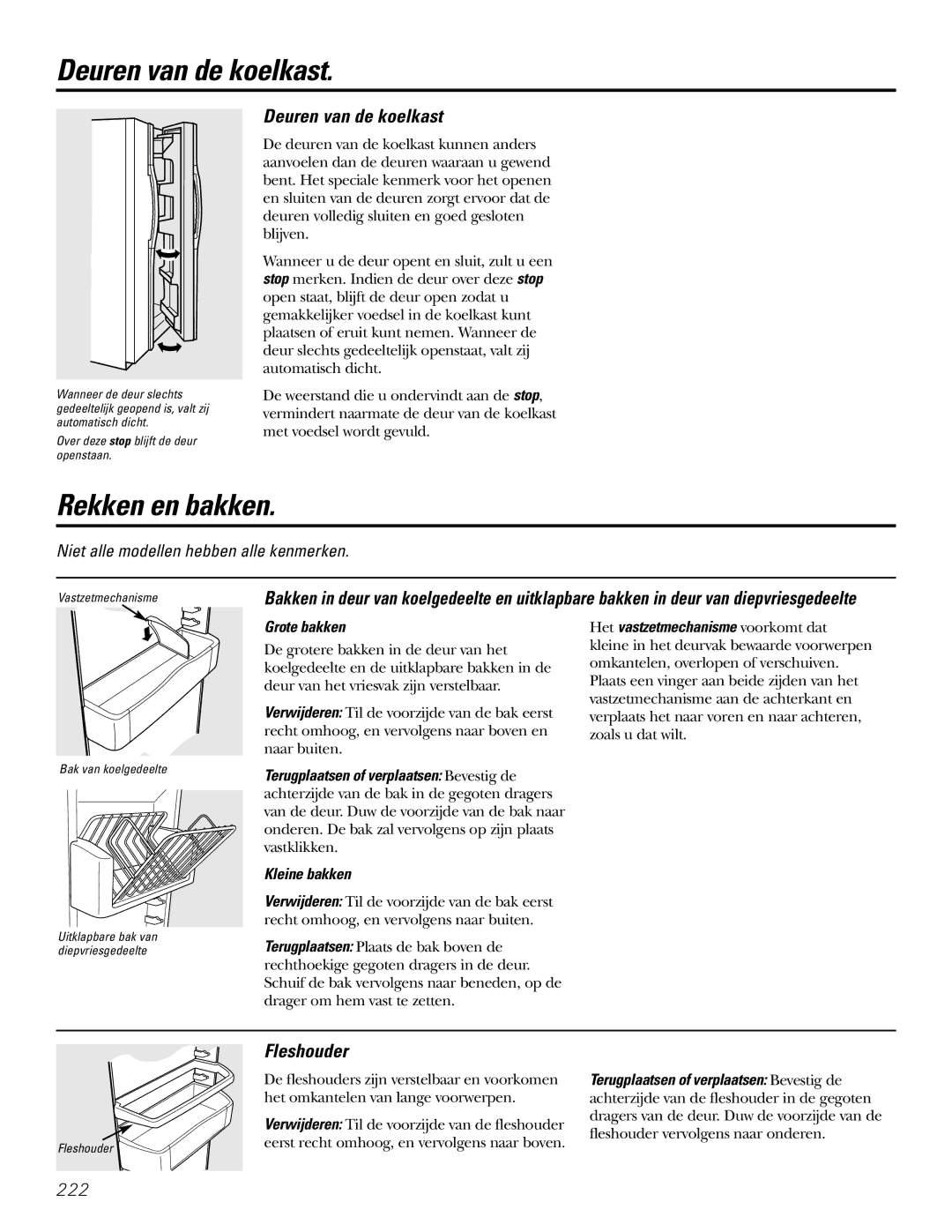 GE 200D2600P031 operating instructions Deuren van de koelkast, Rekken en bakken, Fleshouder 