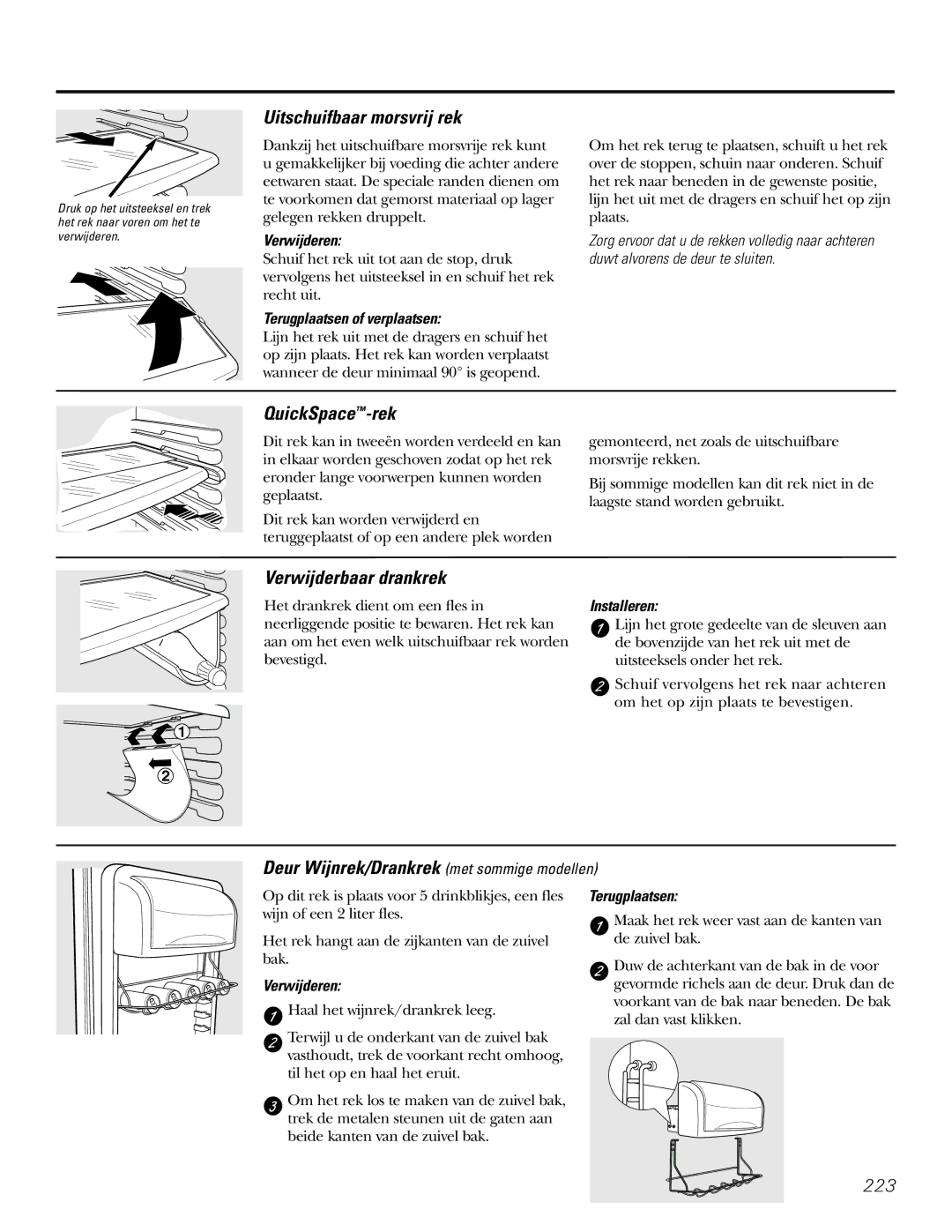 GE 200D2600P031 operating instructions Uitschuifbaar morsvrij rek, QuickSpace-rek, Verwijderbaar drankrek 