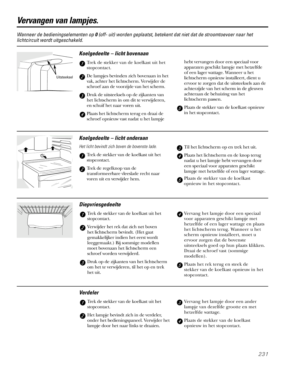 GE 200D2600P031 Vervangen van lampjes, Koelgedeelte licht bovenaan, Koelgedeelte licht onderaan, Diepvriesgedeelte 
