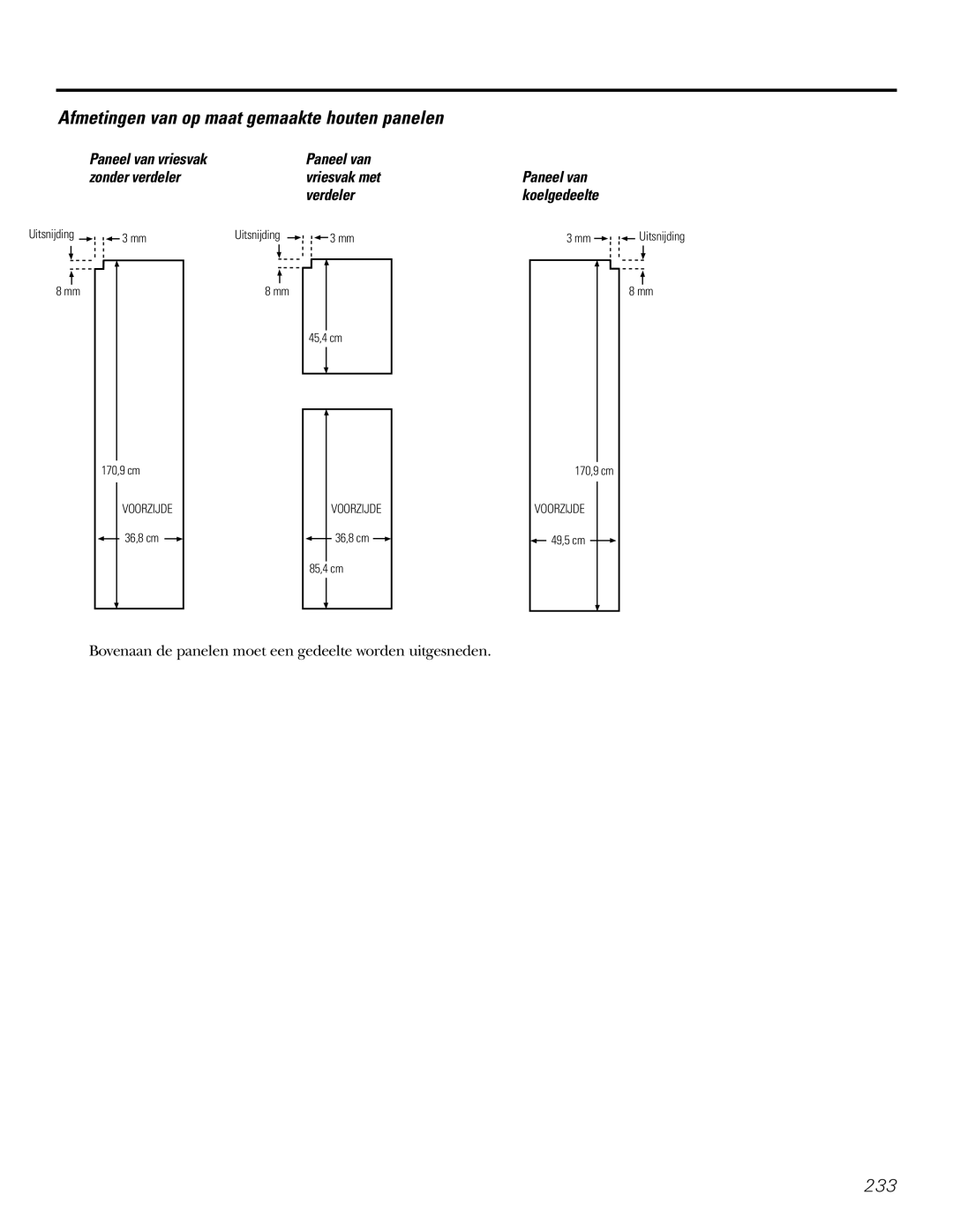 GE 200D2600P031 Afmetingen van op maat gemaakte houten panelen, Paneel van vriesvak, Zonder verdeler, Verdeler 