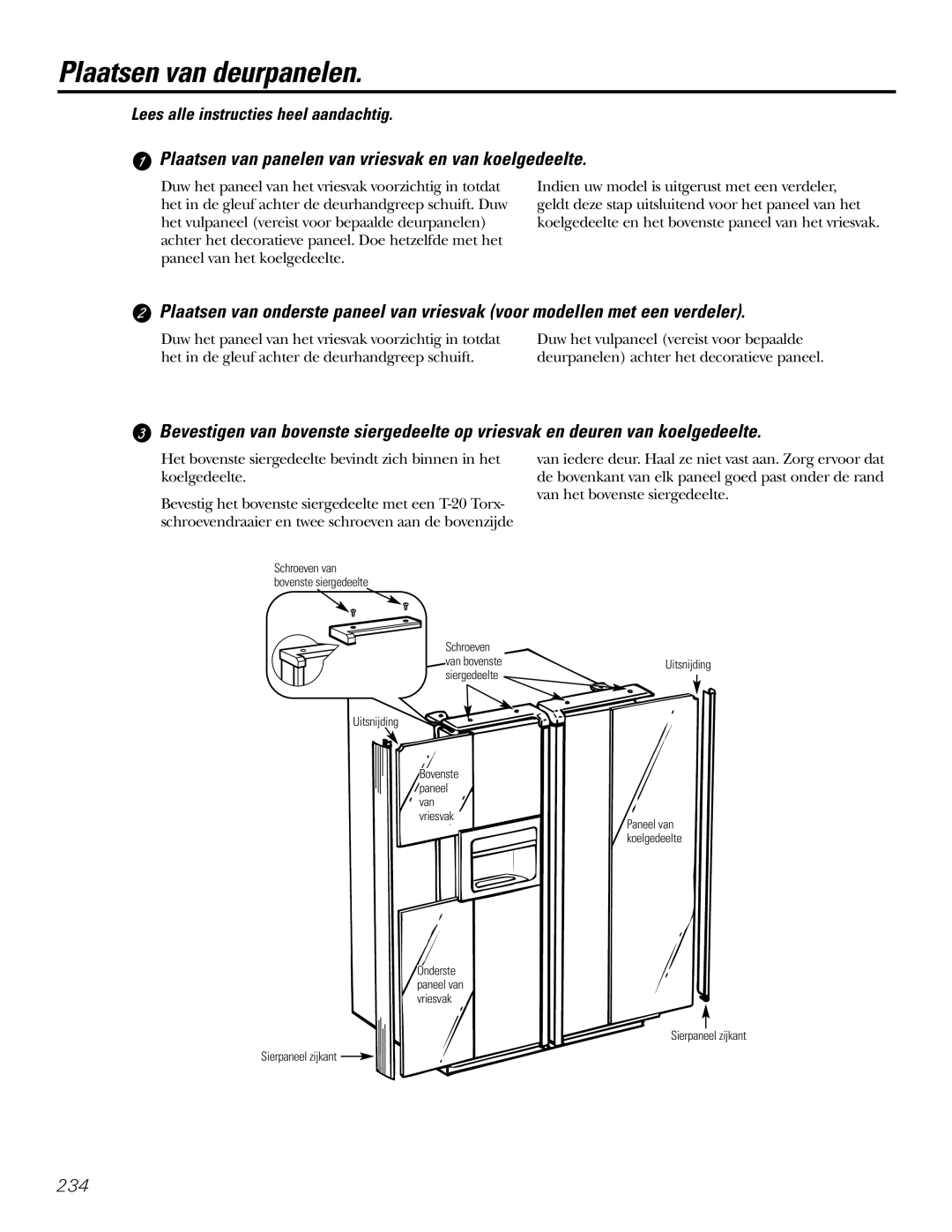 GE 200D2600P031 operating instructions Plaatsen van deurpanelen, Plaatsen van panelen van vriesvak en van koelgedeelte 