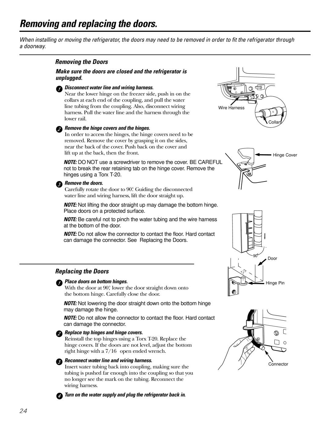 GE 200D2600P031 operating instructions Removing and replacing the doors, Removing the Doors, Replacing the Doors 