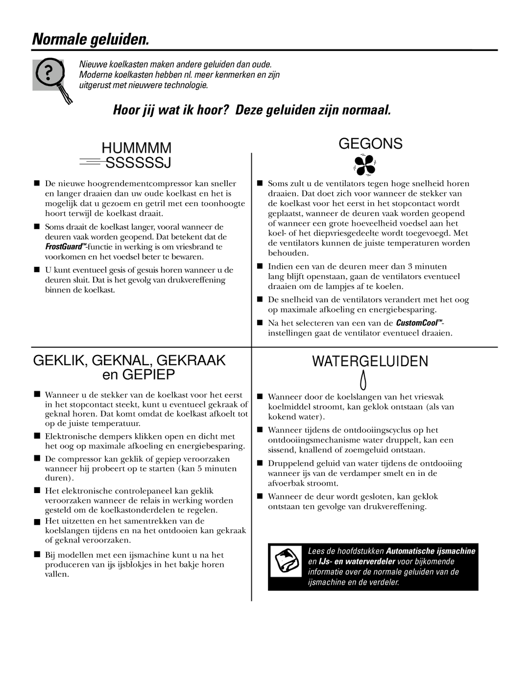 GE 200D2600P031 operating instructions Normale geluiden, Hoor jij wat ik hoor? Deze geluiden zijn normaal 