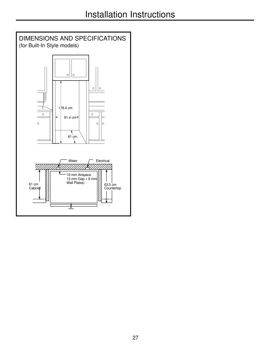 GE 200D2600P031 operating instructions Dimensions and Specifications, For Built-In Style models 