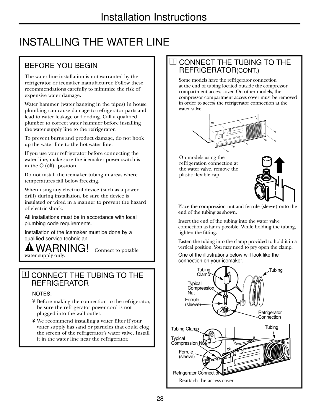 GE 200D2600P031 operating instructions Installing the Water Line, Before YOU Begin, Connect the Tubing to the Refrigerator 