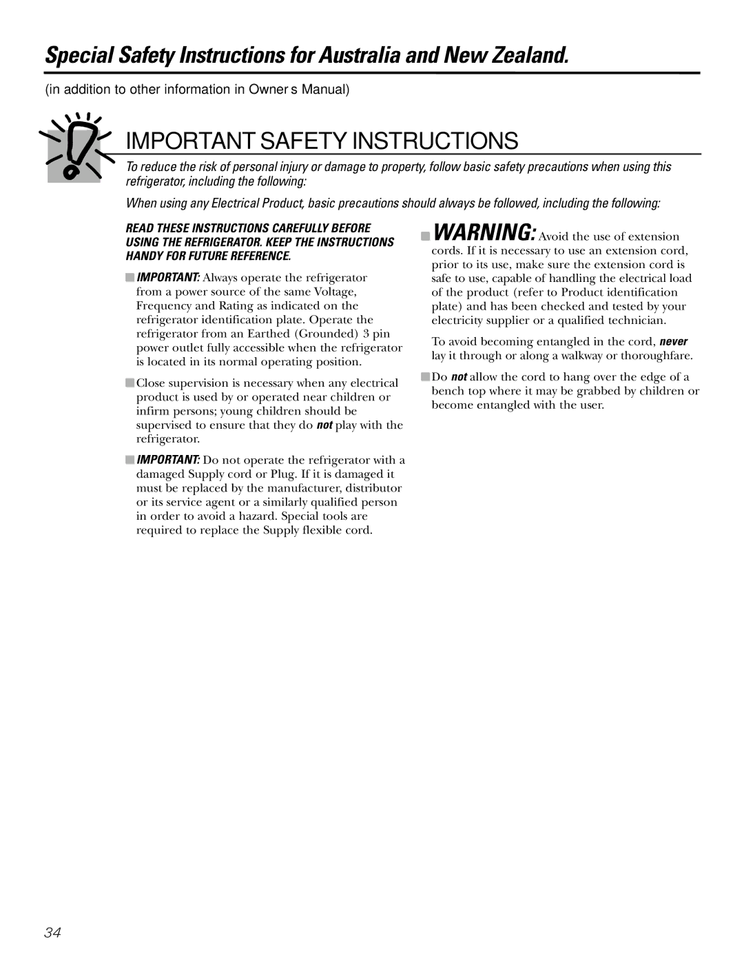 GE 200D2600P031 Special Safety Instructions for Australia and New Zealand, Important Safety Instructions 