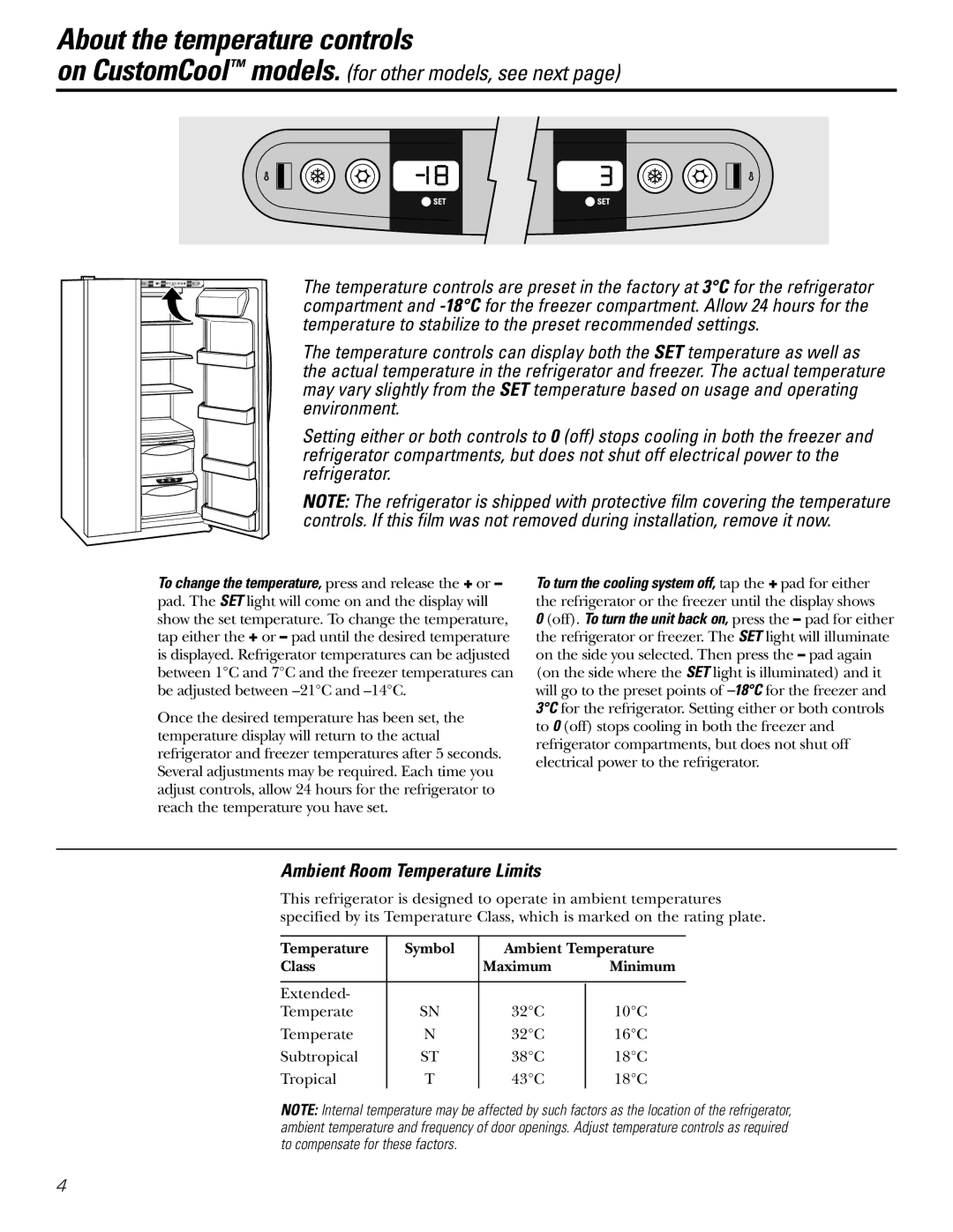 GE 200D2600P031 operating instructions About the temperature controls, Ambient Room Temperature Limits 