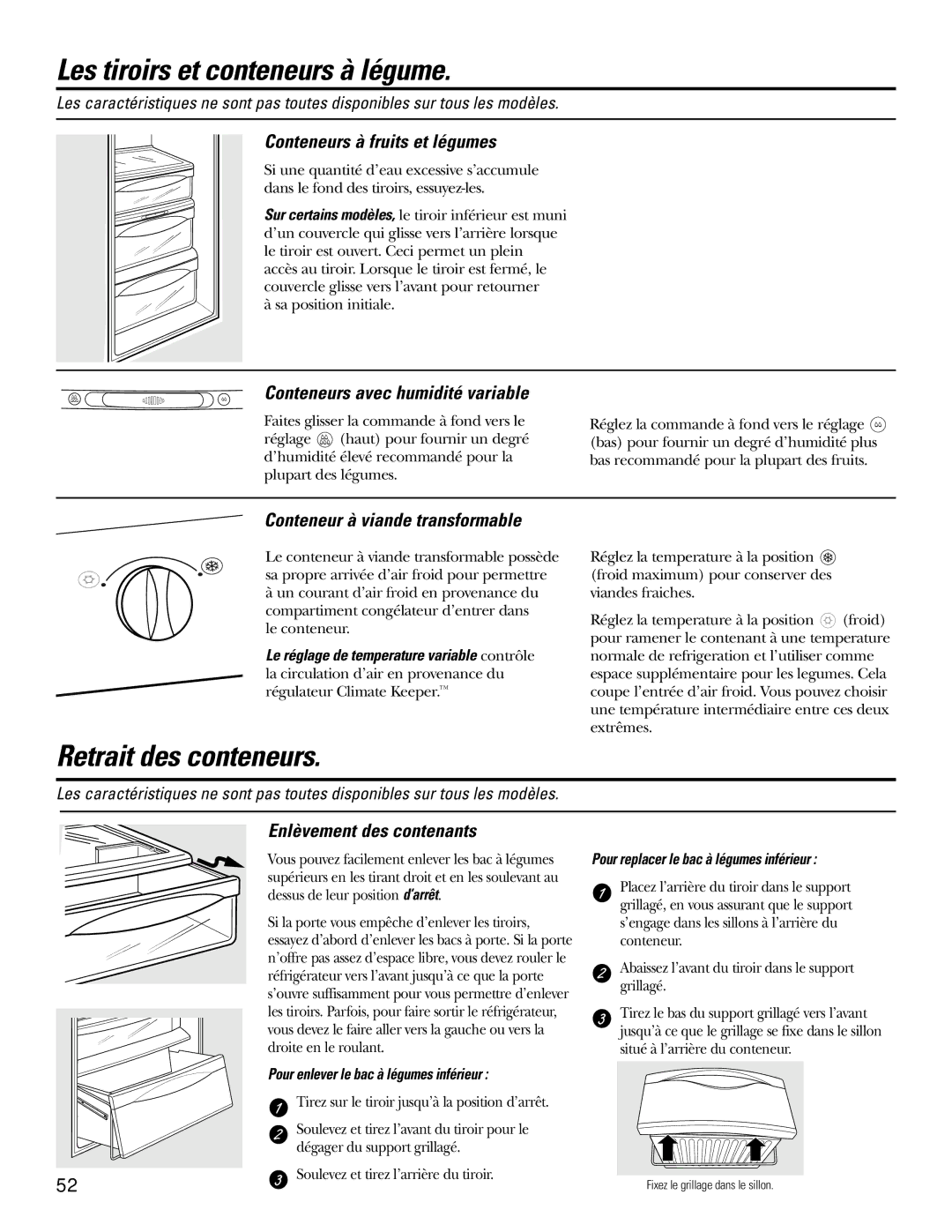 GE 200D2600P031 operating instructions Les tiroirs et conteneurs à légume, Retrait des conteneurs 