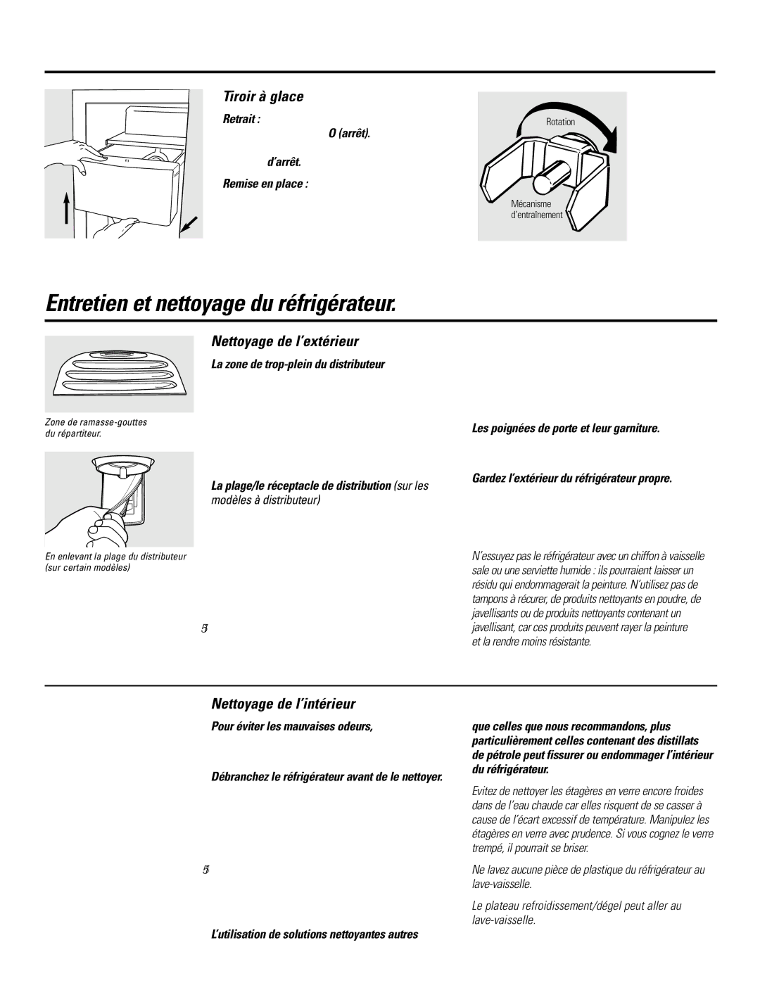 GE 200D2600P031 operating instructions Entretien et nettoyage du réfrigérateur, Tiroir à glace, Nettoyage de l’extérieur 