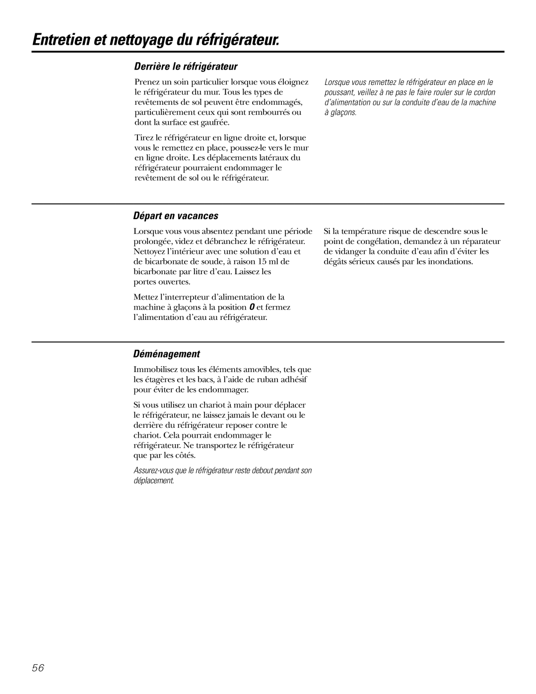 GE 200D2600P031 operating instructions Derrière le réfrigérateur, Départ en vacances, Déménagement 