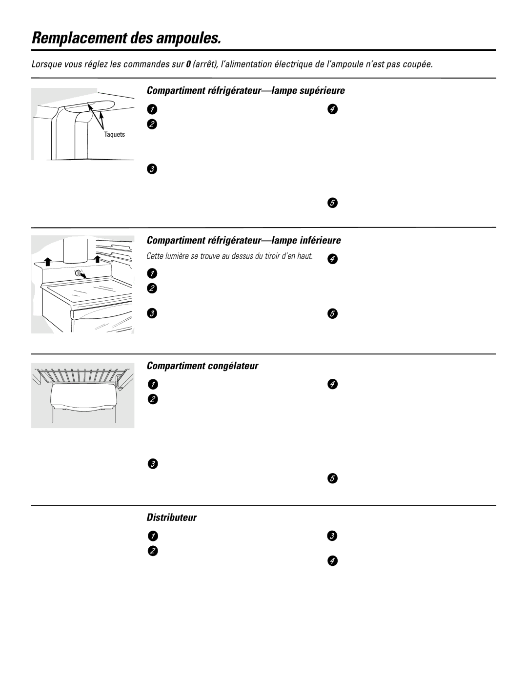 GE 200D2600P031 Remplacement des ampoules, Compartiment réfrigérateur-lampe supérieure, Compartiment congélateur 